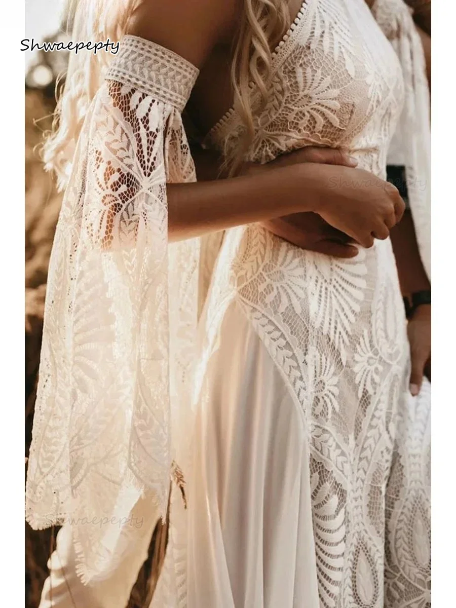 Boho Lace Mermaid Wedding Dresses Halter Neck Open Back Vintage Rustic Bride Dress Side Slit Sexy Beach Vestidos Customized