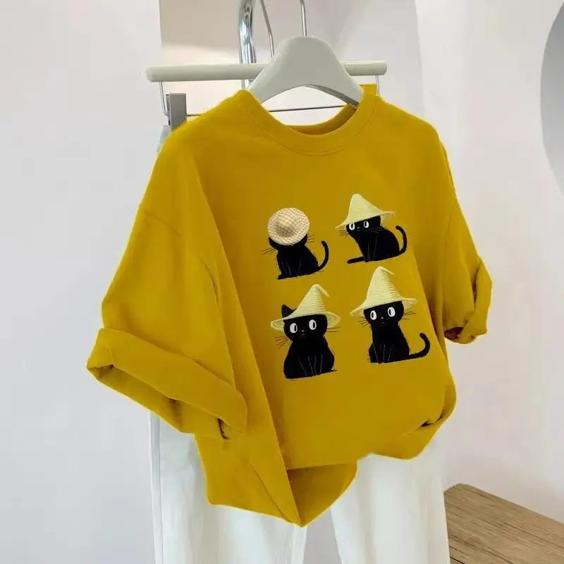 Korean Style Cat Print Pure Cotton Short-sleeved T-shirt Women's Summer Tops