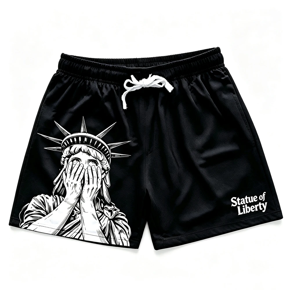 Free men's summer comfortable breathable drawstring shorts, outdoor casual shorts, Statue of Liberty print