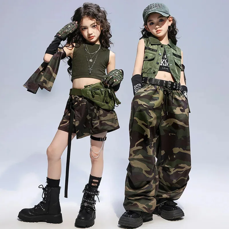 

COSda@Girls K-pop Sets Camouflage Vest Cargo Pants Kids Crop Hoodies Shorts Child Streetwear Jazz Hip Hop Military Girl Group Cl