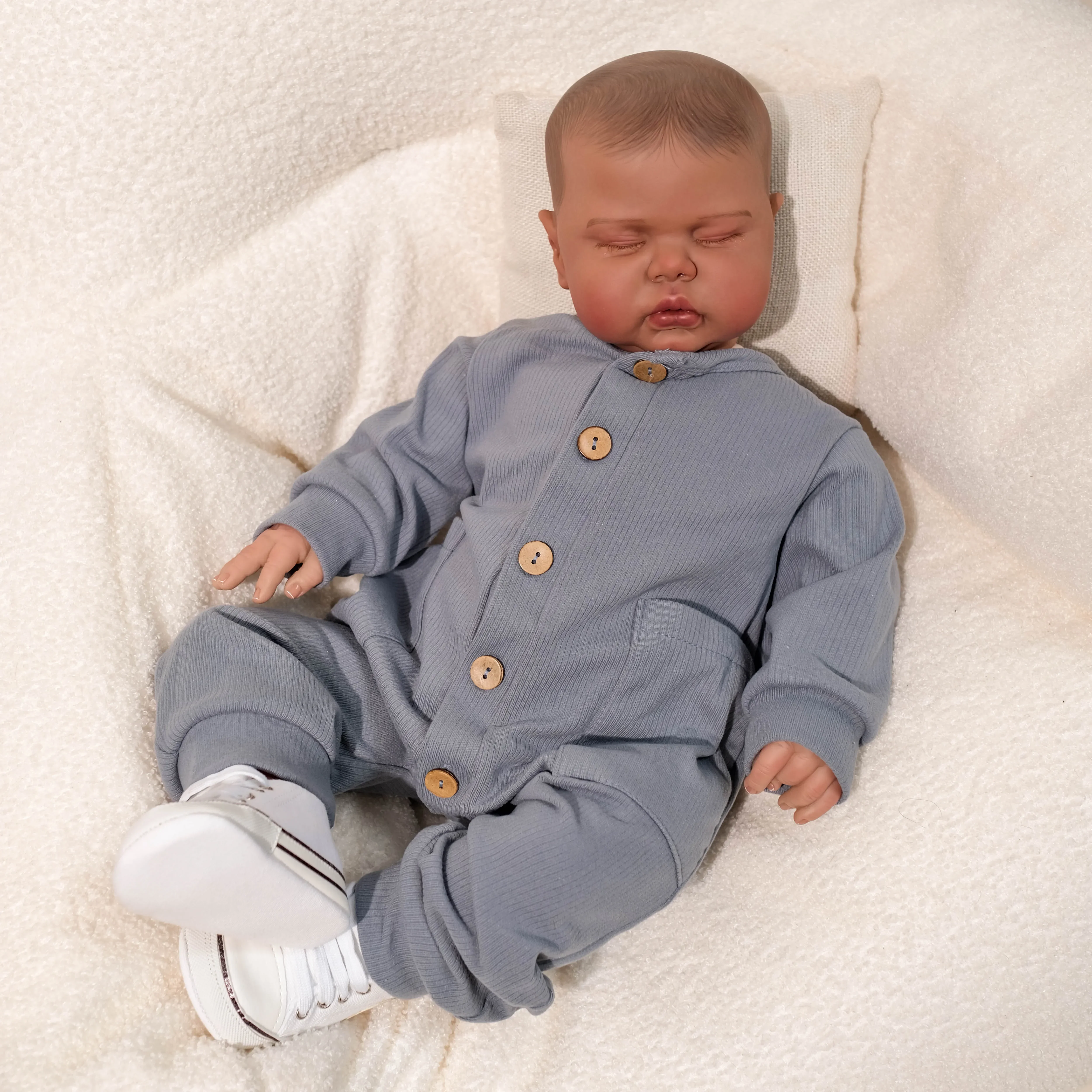 

NPK 24Inch Pickle Dark Skin Sleeping in Soft Cloth Body Lifelike Reborn Toddler Hand Panted Hair Cuddly Baby Boy Doll Baby