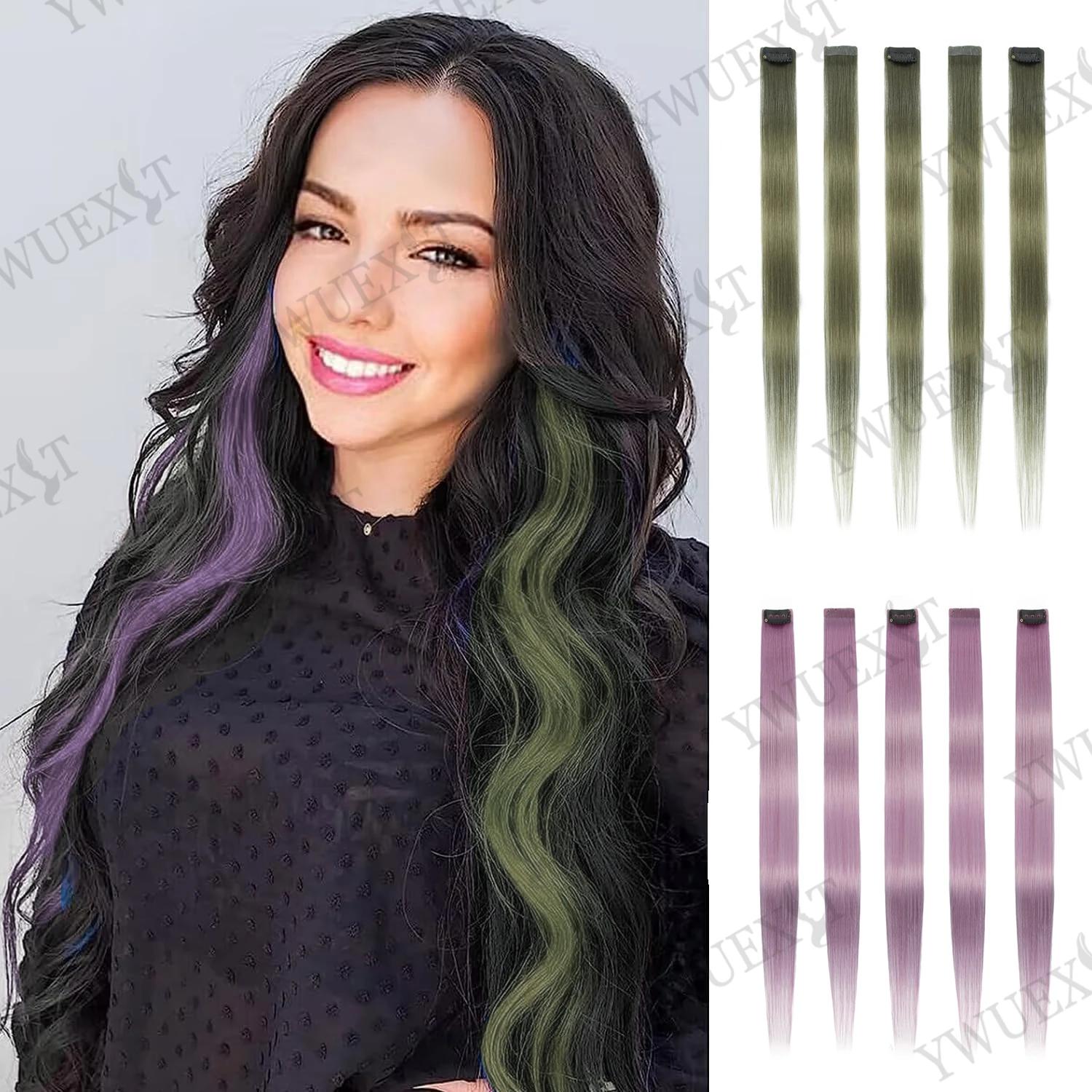YWUEXT Colored Clip in 16 Inch Colored Hair Extensions Party Highlights Long Straight Hairpieces for Women Kids Girls Cosplay