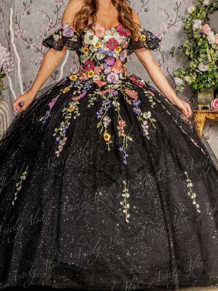 Vestidos de fiesta negros góticos elegantes personalizados para mujer, apliques de flores, vestido de baile, Reina de la danza, dulce 15 16, fiesta Formal de quinceañera