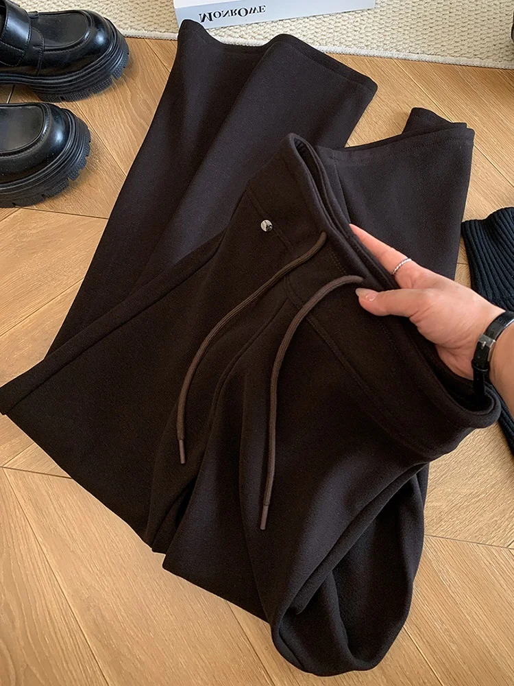 

Fashionable High Waist Fleece Lined Casual Micro Flared Pants Women Drawstring Glutinous Straight Leg Long Trousers