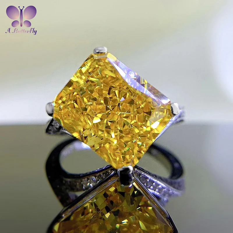 

AButterfly 100% 925 Sterling Silver 12 * 10MM Radian High Carbon Simulated Yellow Diamond Women's Ring Fine Jewelry High Quality