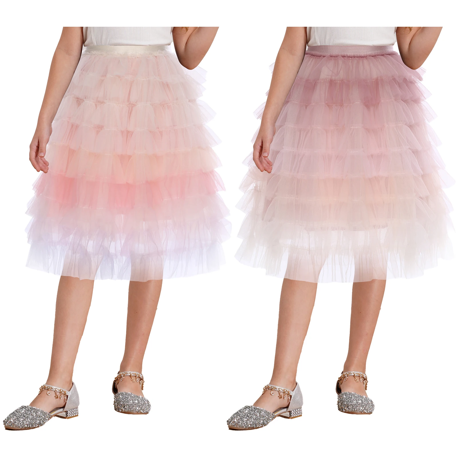 Girl Sweet Solid Lining Rainbow Color Dress Kids Multi-layer Tutu Tulle Skirt Banquet Party Gown Costume Elastic Waistband Skirt