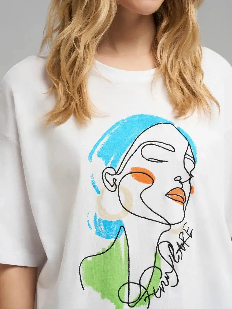Abstract Line Art Woman Face Print Oversized T-Shirt Artistic Cotton Tee Art & Exhibition Style Streetwear Fashion Women Summer