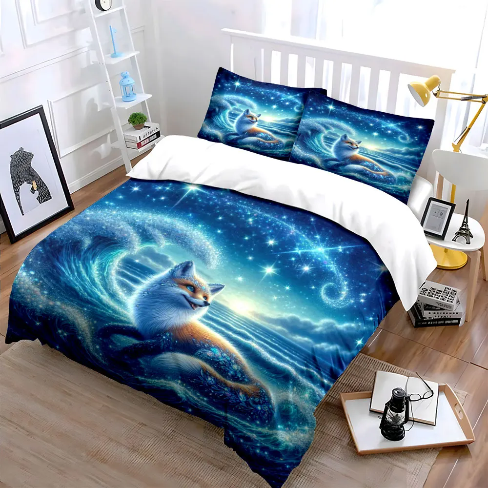 Sparkling Spirit Fox in Dreamy Starry Ocean Printed Duvet Cover Set1 Duvet Cover+2 PillowcaseMulti Size Bedroom Bedding Decor