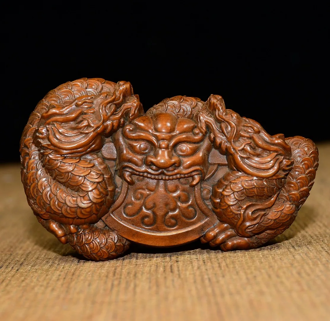 

3Collection Old Boxwood Chinese Loong 2 Dragon Statues Yuanbao coin handle piece Amulet Dharam Amass wealth Town house Exorcism