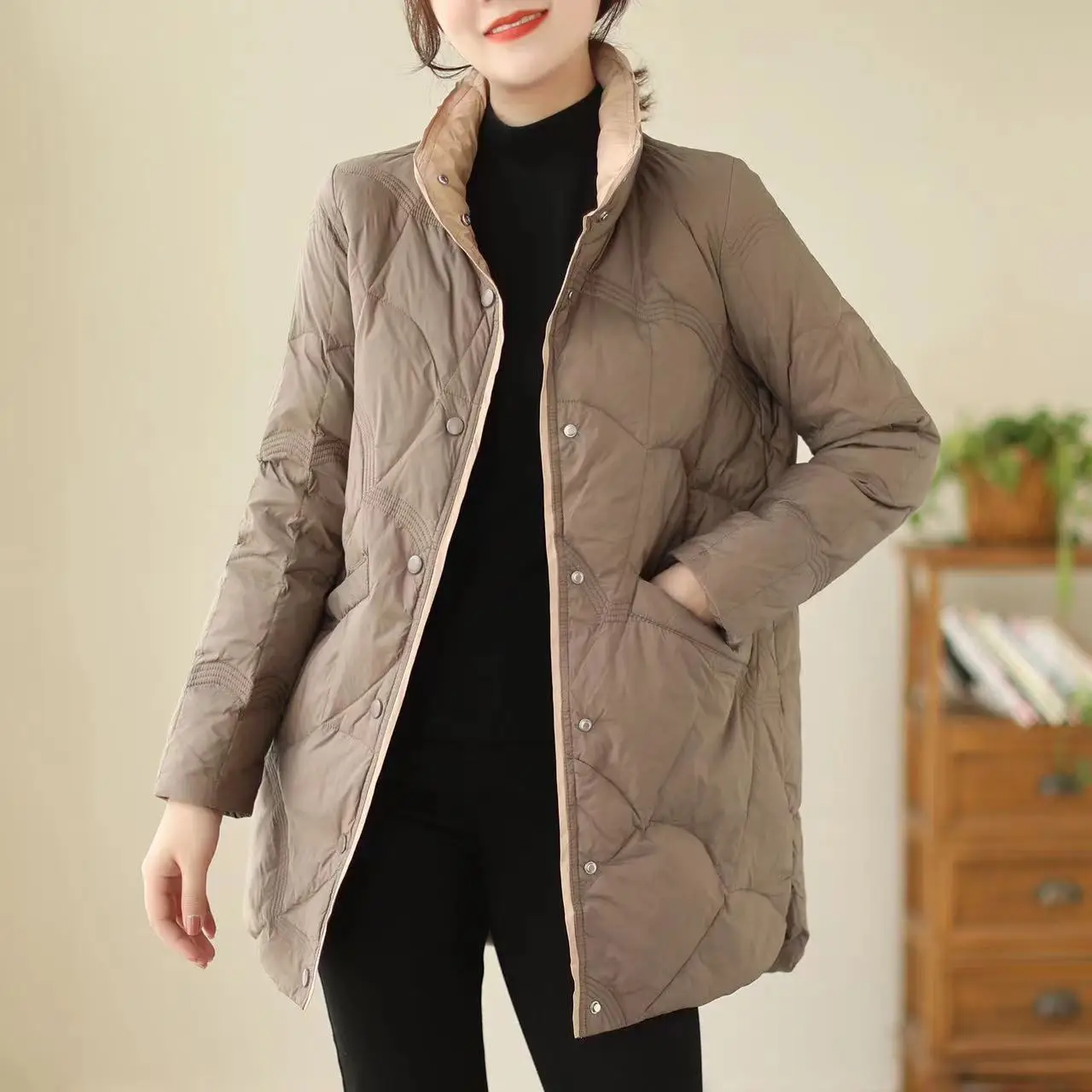 

Fashionable Lightweight Medium-Length down Cotton Jacket Women's Winter plus Size Anti-Aging Warmth Cotton Coat Outerwear