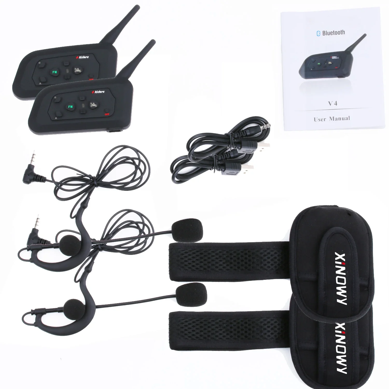 

2PCS XINOWY V4C 1200M Bluetooth Headset Intercom Full Duplex Football Referee Headphone with FM Radio BT Interphone Earphone