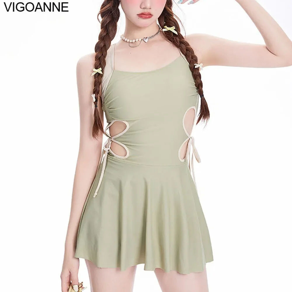 

VigoAnne Solid Hollow Dress Swimwear Women 2025 Strapped One Piece Swimsuit Sexy Korean Monokini Backless Lady Bathing Suit