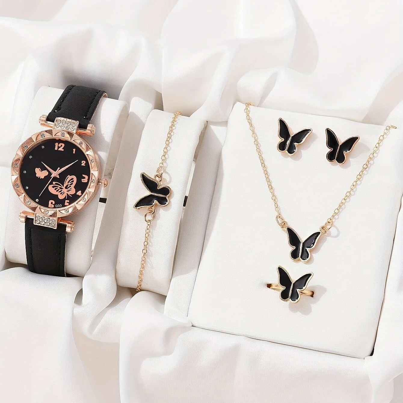 

Butterfly Fashion Quartz Watch Luxury Rhinestone Analog PU Leather Wristwatch & 5pcs Jewelry Set, Gift For Mom/Her