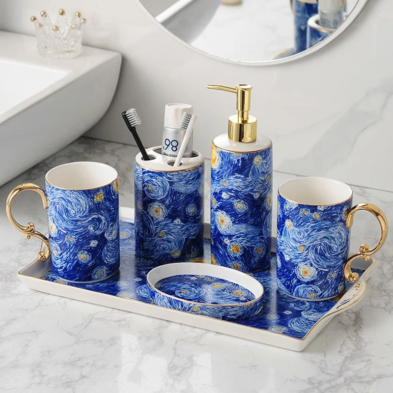 European Ceramic Blue Bathroom Five-piece Set Gold Border Gargle Cup Shampoo Bottle Soap Dish Wedding Gift Bathroom Accessories