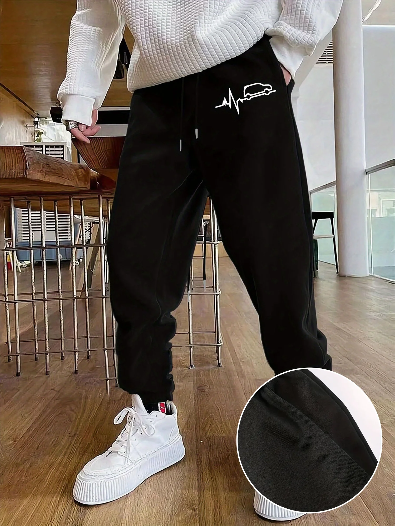 Auto‑styled Vehicle ECG Pulse Simple Line Graphic Print Relaxed Sweatpants Men Hip Hop Sports Casual Jogger Pants Modern Cut