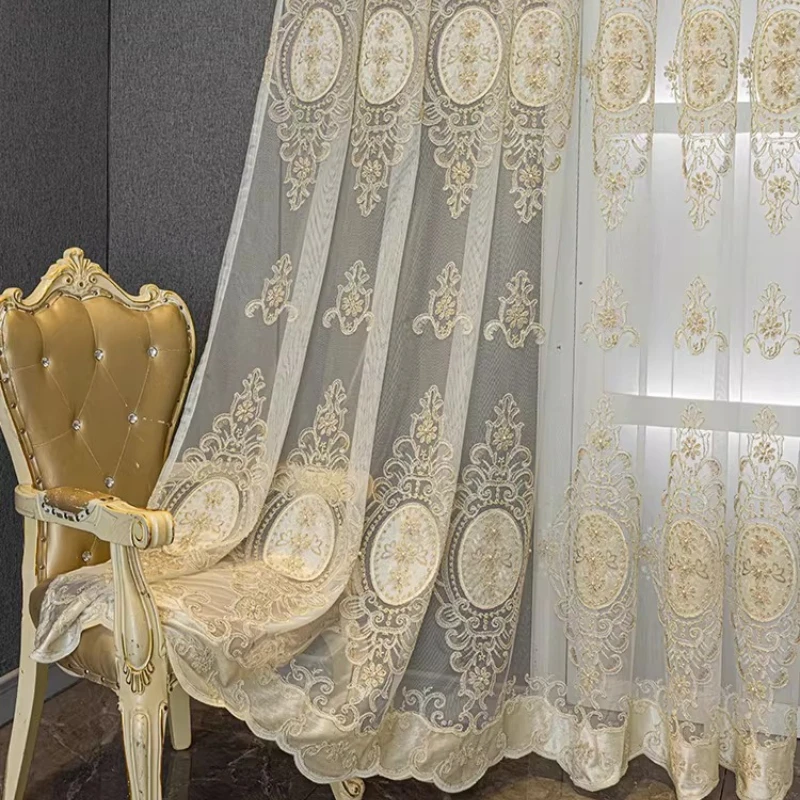 European Dreamy Beaded Embroidery Gauze Curtain Light Transmitting Window Screen for Living Room Bedroom Balcony Home Interior