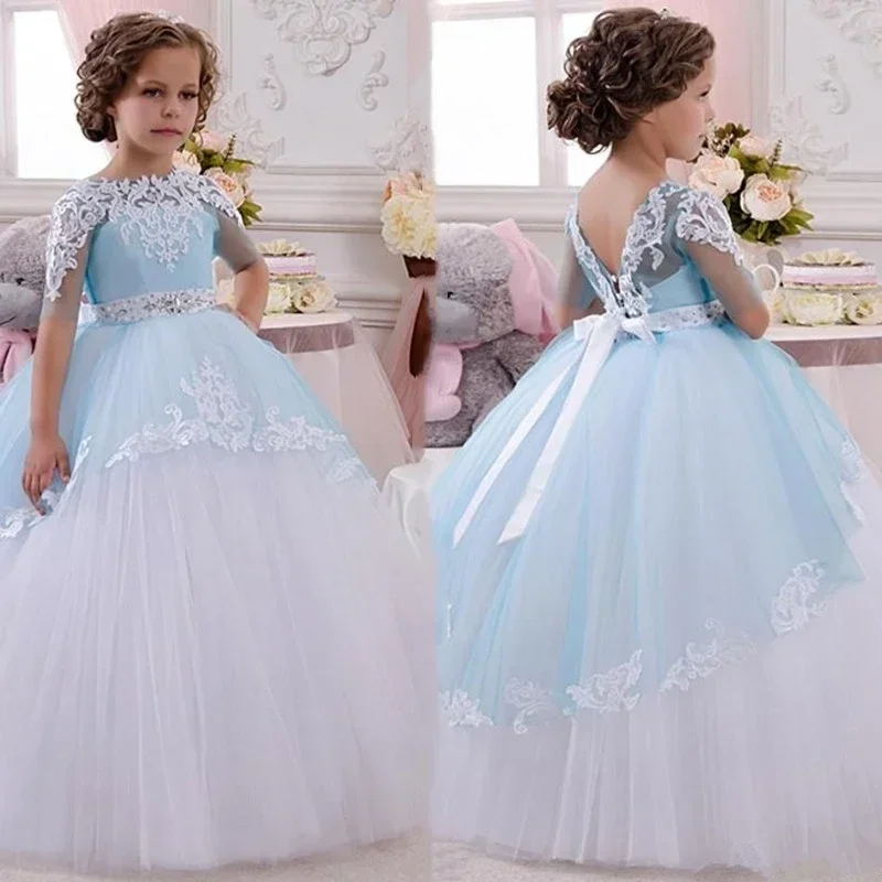 

Blue White Bow Belt Formal Princess Flower Girl Dress Lace Appliques Wedding Prom Gowns Birthday Communion Toddler Kids Dress