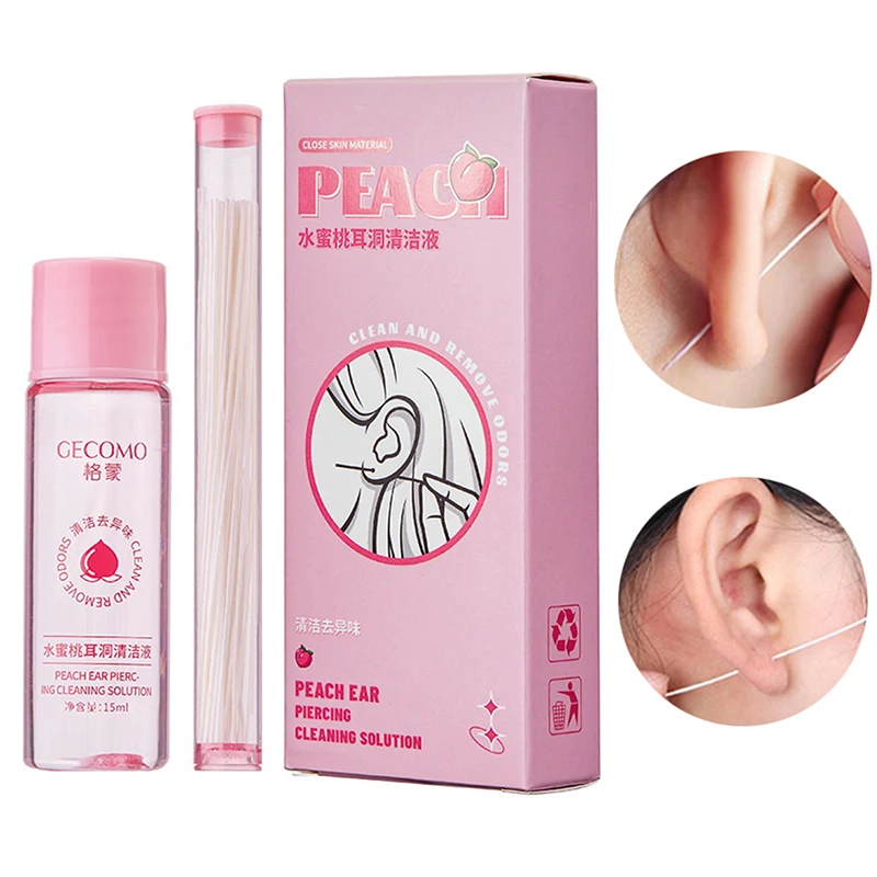 60Pcs Pierced Ear Cleaning Set Peach Ear Piercing Cleaning Solution Ear Holes Cleaning Line Floss Set