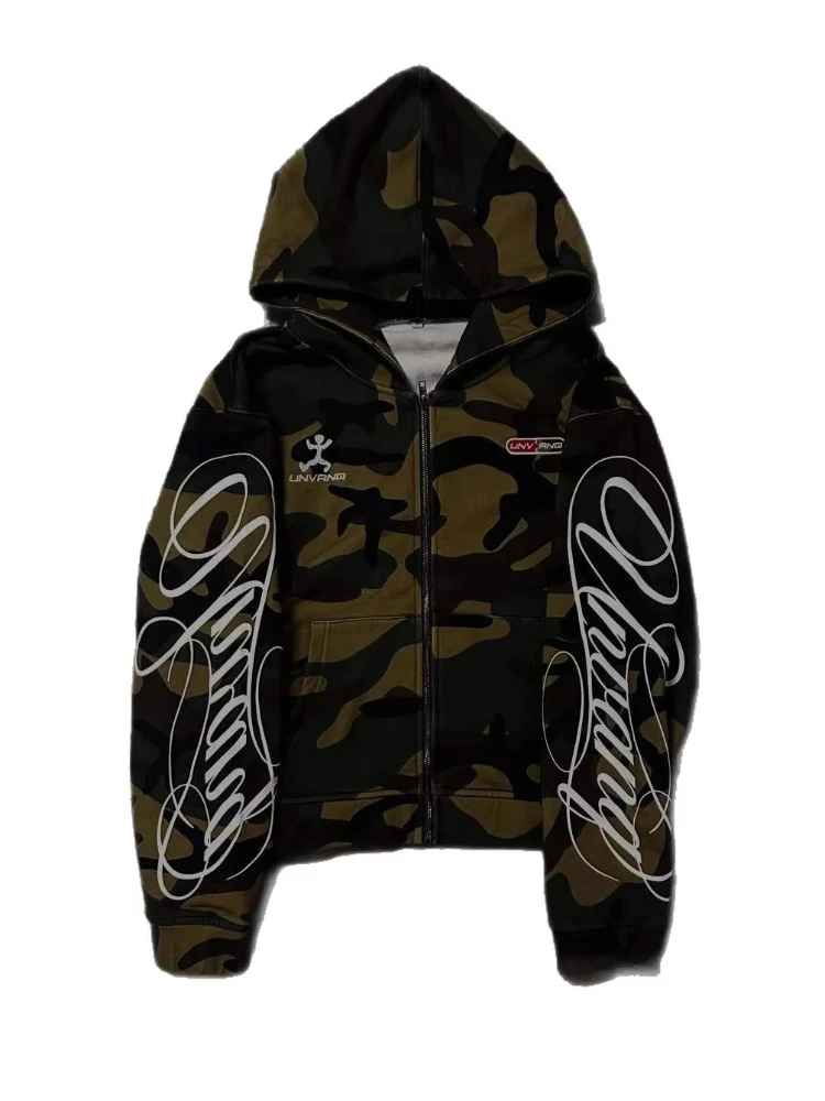 2026 Spring and Autumn New Unisex American Retro Ins Street Camouflage Zipper Hooded Sweatshirt, Printed Design Casual Hoodie