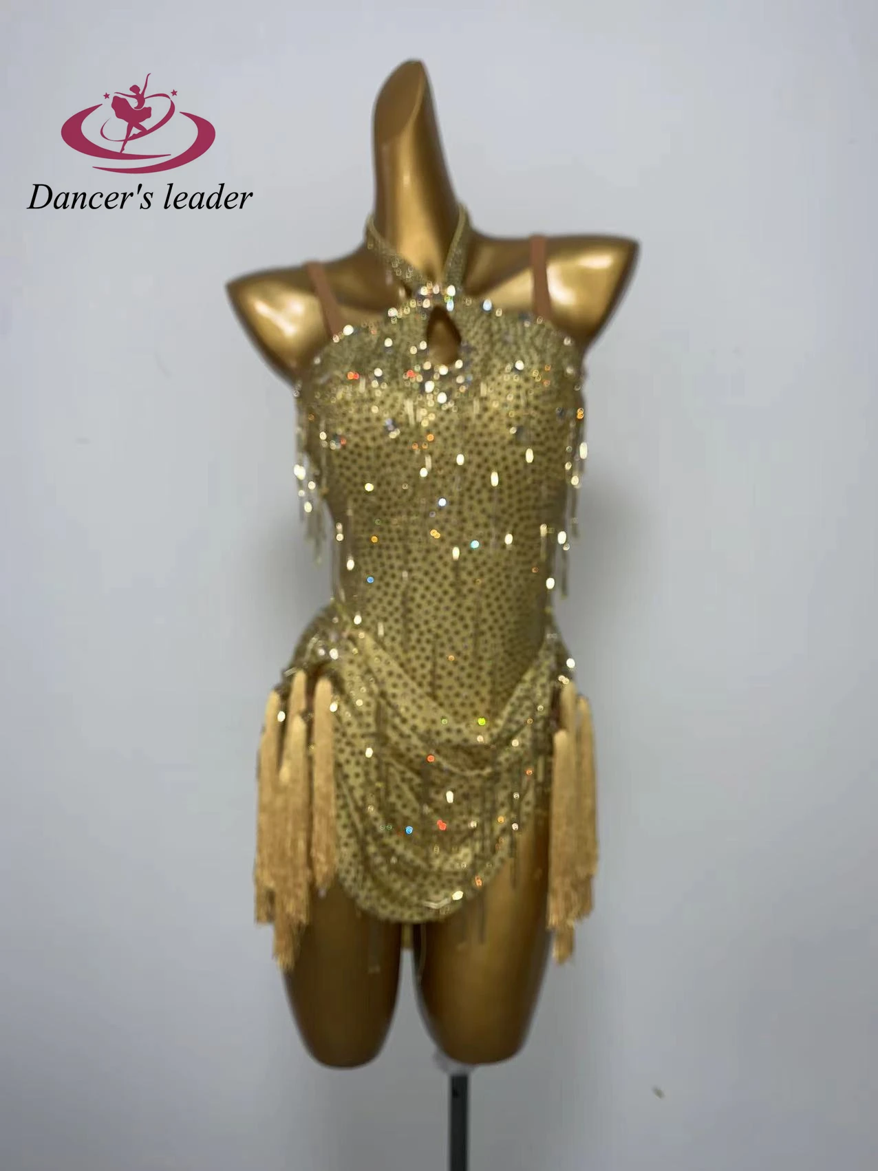 Latin Dance Stage Costume Women's High-end Customized Gold Tassel Slim Fit Suspender Samba Art Dance Rhinestone Costume Dress