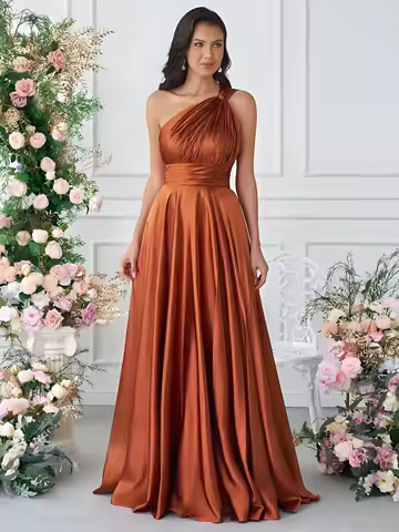 One Shoulder Satin Bridesmaid Dresses Pleated A Line Long Formal Evening Dress for Women