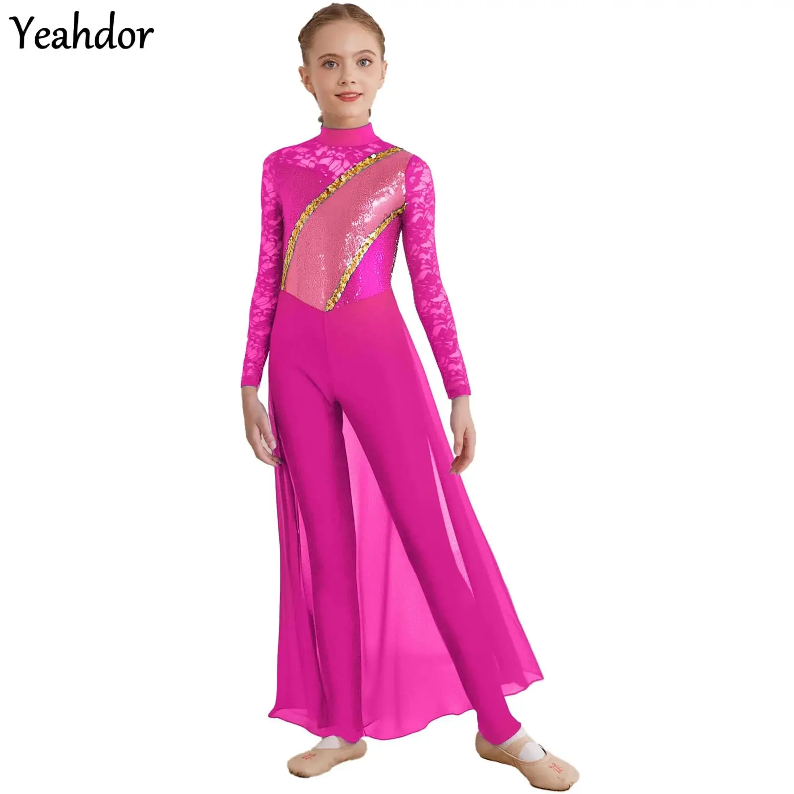 

Teen Girls Sheer Floral Lace Leotard Dress Gymnastics Figure Skating Jumpsuit Long Sleeve Sequin Chiffon Skirted Tank Unitards