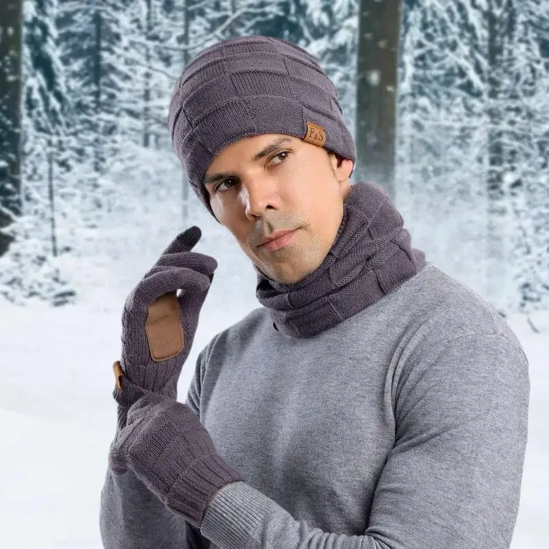 الشتاء الدافئة رشاقته قبعة وشاح وقفازات مجموعة رجالي الحراري صوف مبطن مترهل قبعة الرقبة الأوشحة قفازات 3 في 1 مجموعة دافئة #3