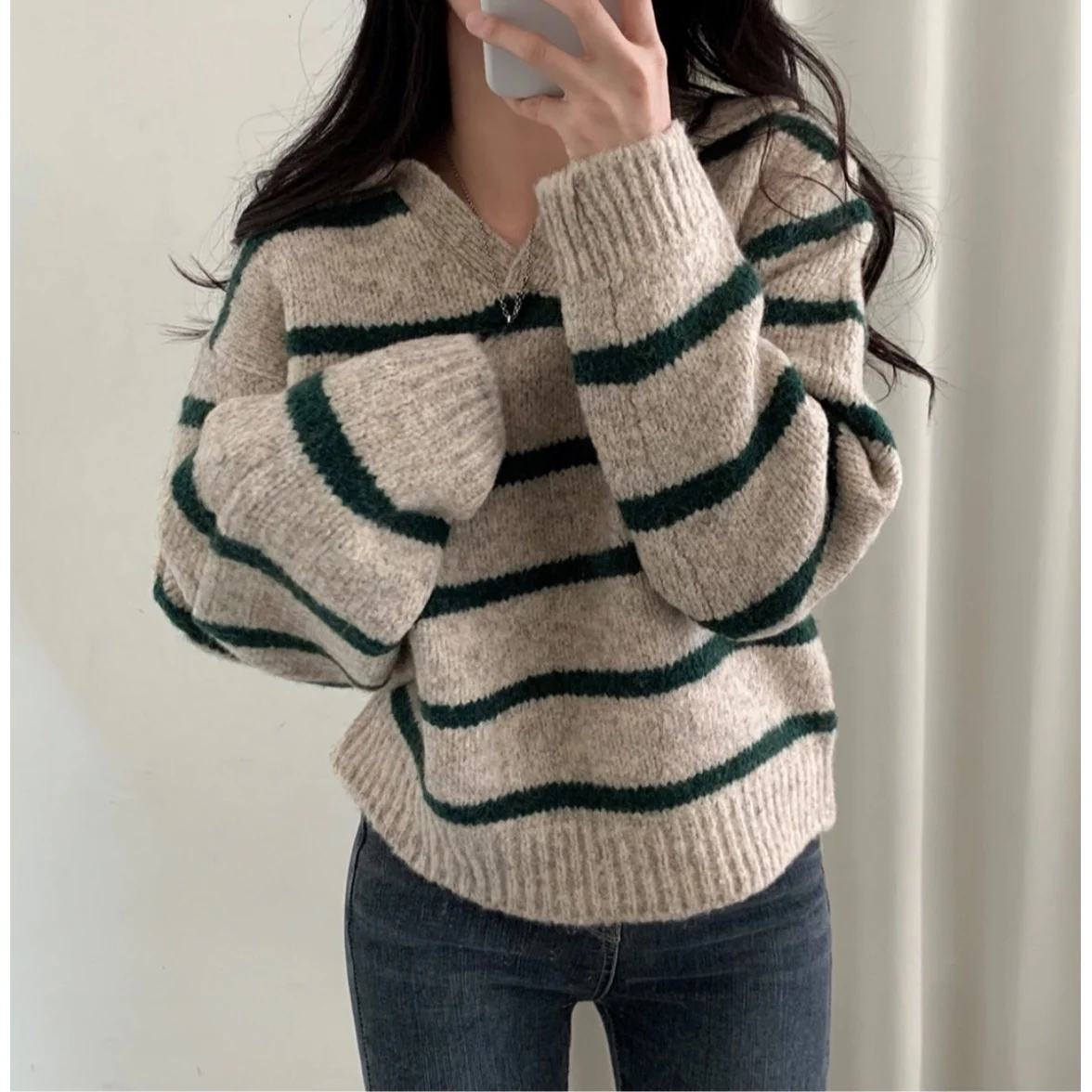 الخريف الشتاء شيك كسول Sle اللون Blo مخطط Ne فضفاض دافئ تنوعا محبوك سترة ألياف البوليستر V Ne #3