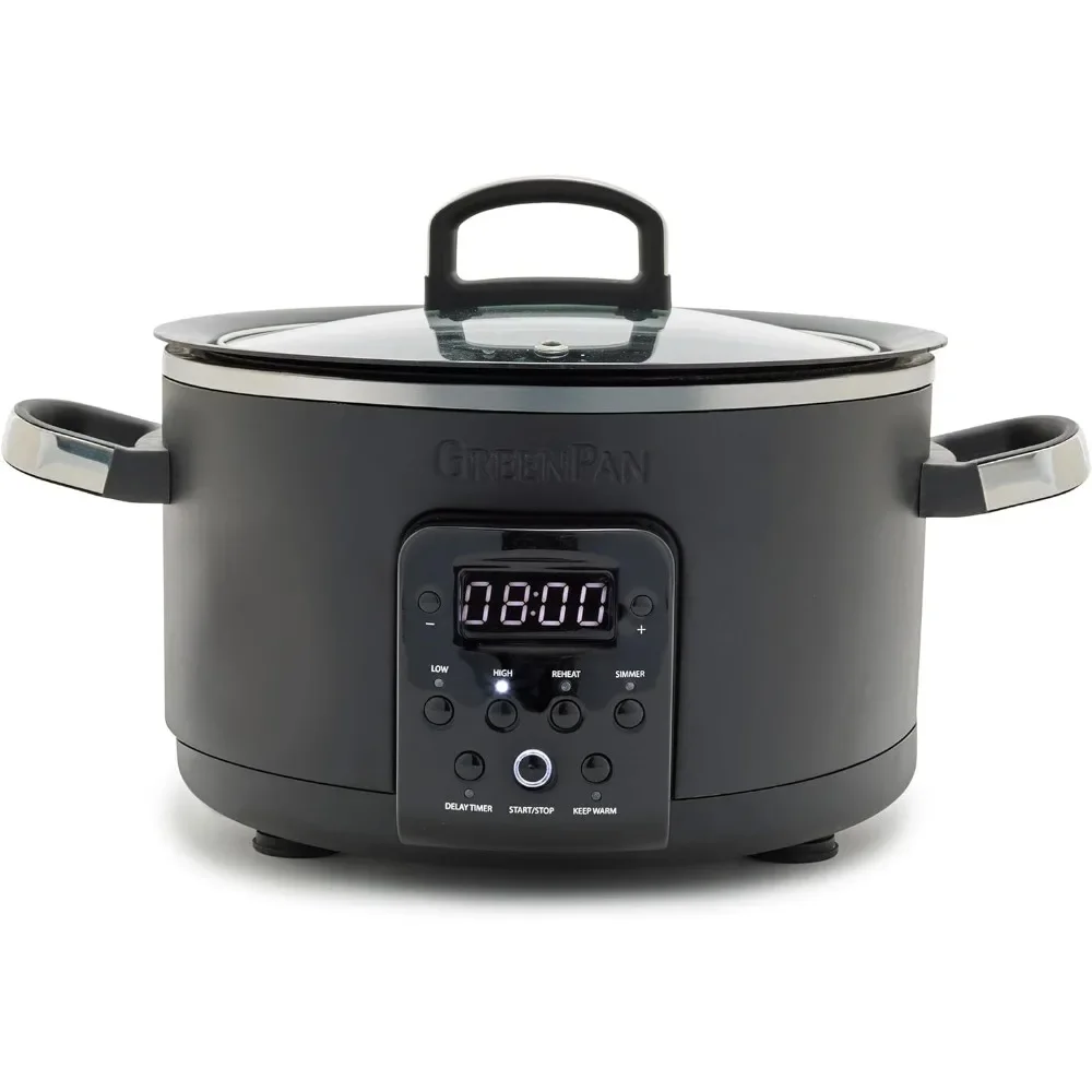 Bistro Noir 4QT  Slow Cooker with Lid, 6-in-1 Multifunction Heating Presets, Hard Anodized PFAS-Free Removeable Inner