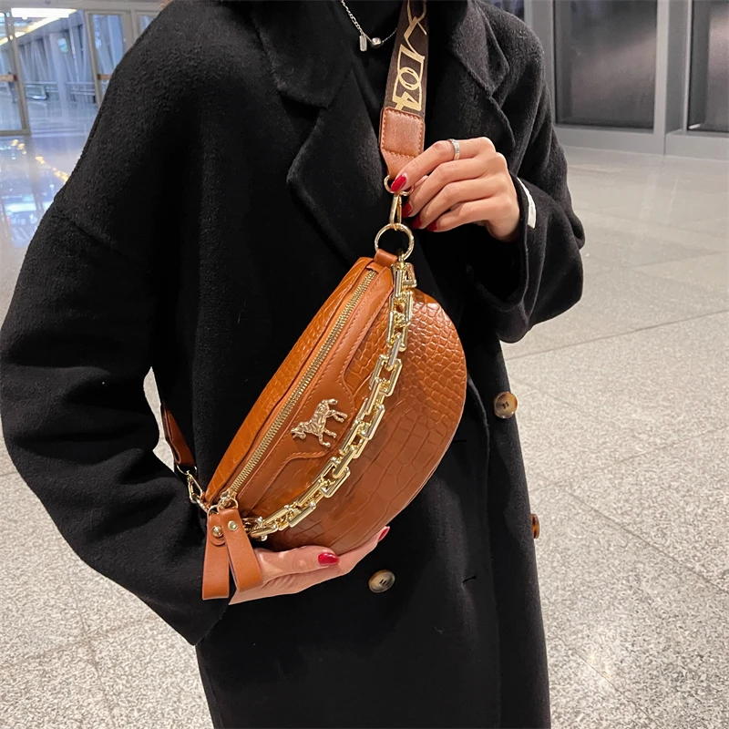 Thick Chain Women\'s Waist Bag Fanny Pack Fashion Shoulder Crossbody Chest Bags Female Belt Bag Crocodile Shoulder Bag