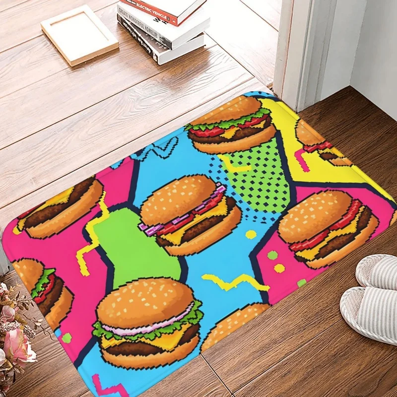 Pixel Burger Pop Art Print Door Mat Non-Slip Indoor Kitchen Entry Decor Floor Rug