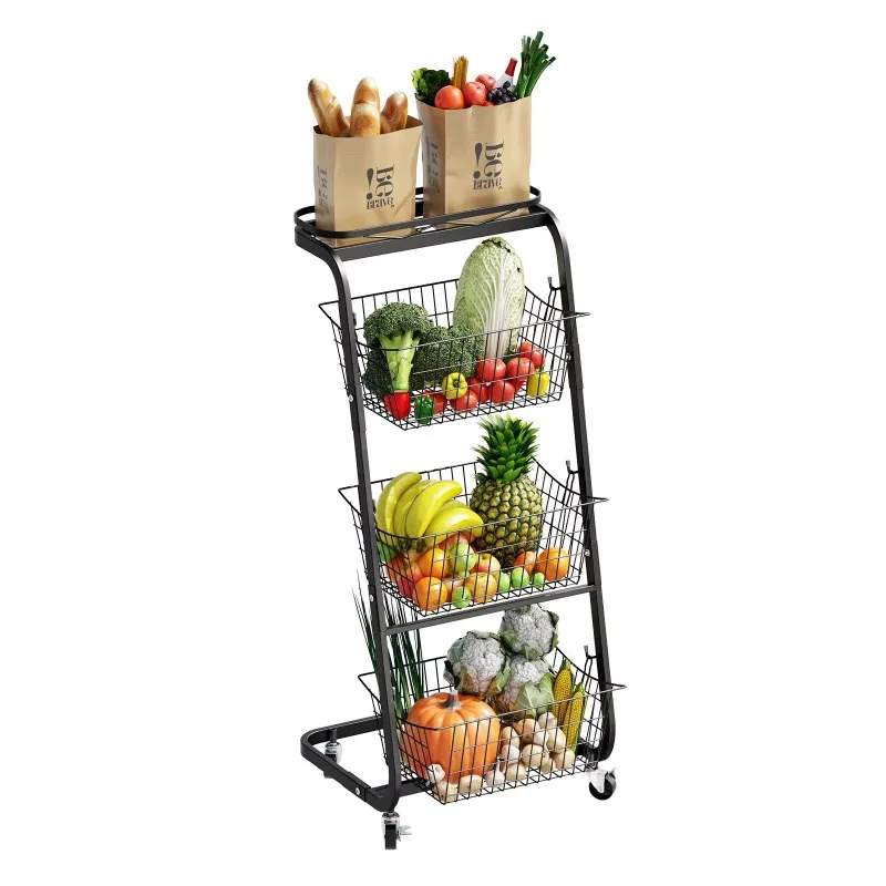 3-Tier Storage Basket with Wheels Large Capacity Kitchen Organizer Multifunctional Fruit and Vegetable Rack Black Mobile