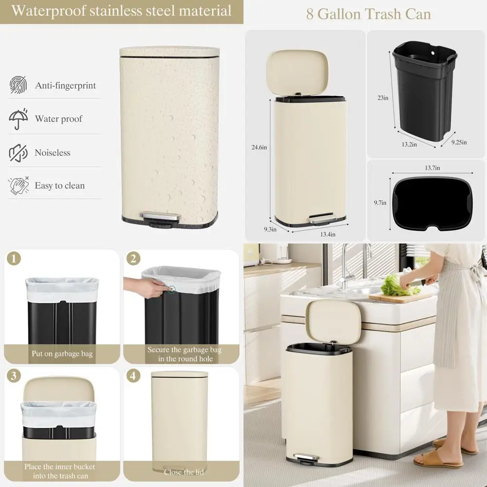 

8 Gallon Beige Step-On Stainless Steel Kitchen Trash Can with Hinged Lid and Removable Inner Bucket for Home Use