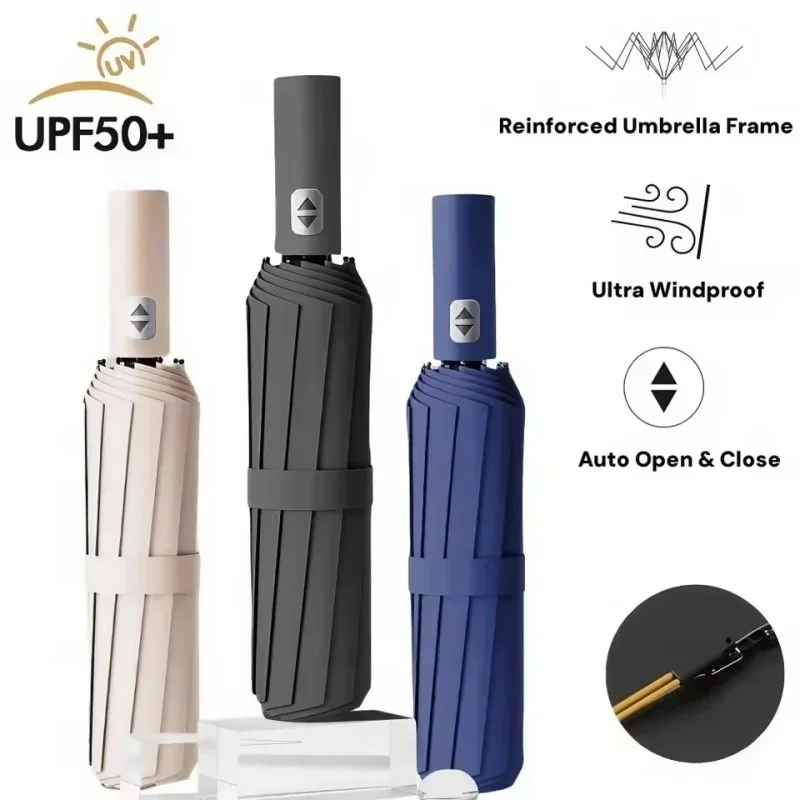 

24 Reinforced Fiberglass Ribs Automatic Umbrella -UV 50+ Stormproof Compact Folding Sun Rain Umbrella for Outdoor Family& Travel
