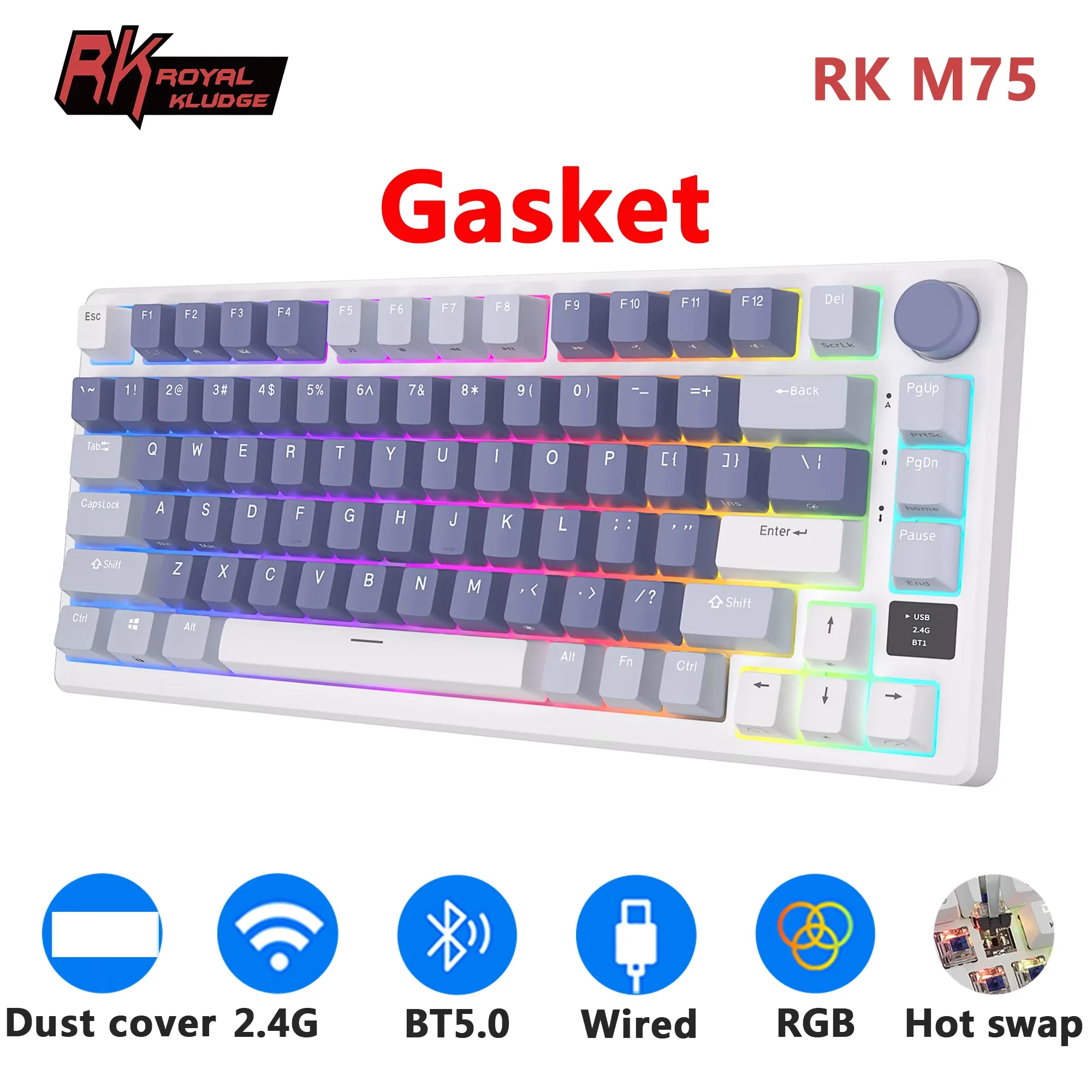 

RK ROYAL KLUDGE M75 2.4G Wireless/Bluetooth/USB-C Mechanical Keyboard 81Keys RGB Hot-Swappable Gasket Gamer Keyboard with Screen