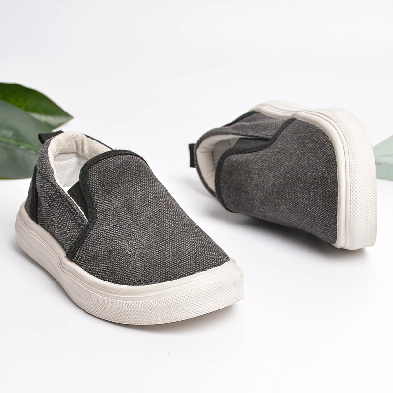 Unisex Kids Outdoor Slip-on Black Flat Canvas Rubber Sneakers Toddlers Good Quality Walking Running Shoes E8205