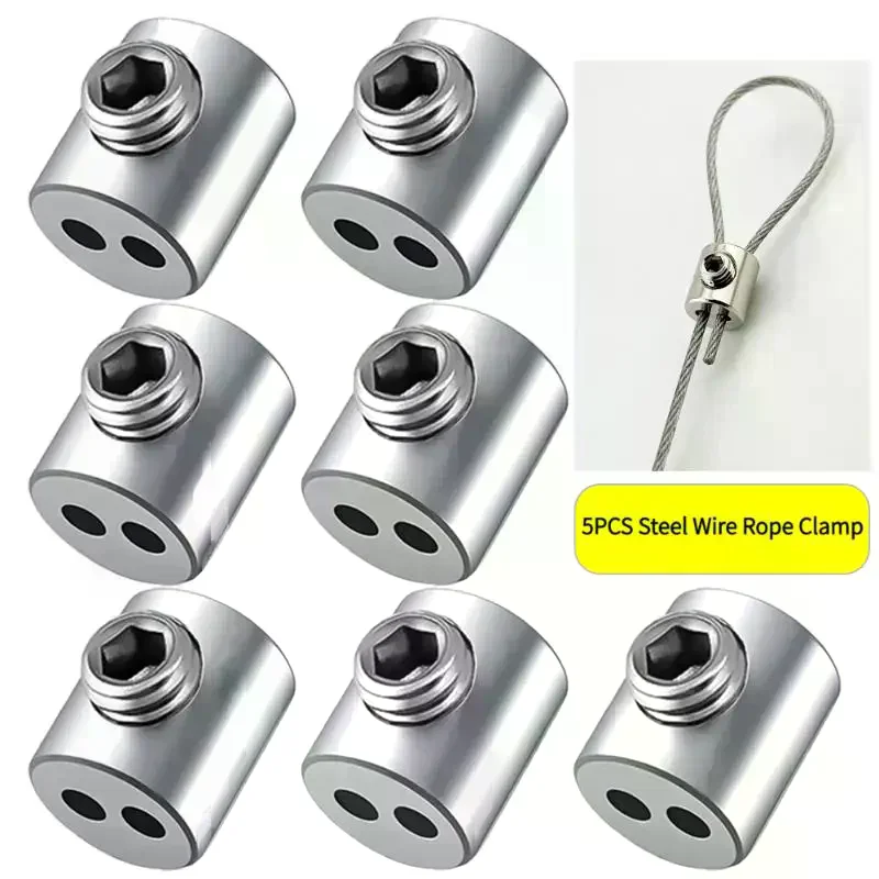 5PCS Steel Wire Rope Clamp Stainless Steel Cable Hanging Clip Double Hole Adjustable Screws Fixed Hardware Accessories