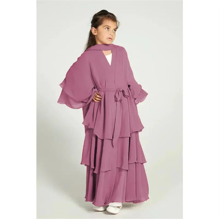 2025 Eid Muslim Kids Abaya Girls Chiffon Dress Fashion Solid Long Kaftan Robe Arab Islamic Clothing for Child Modest Prayer Gown