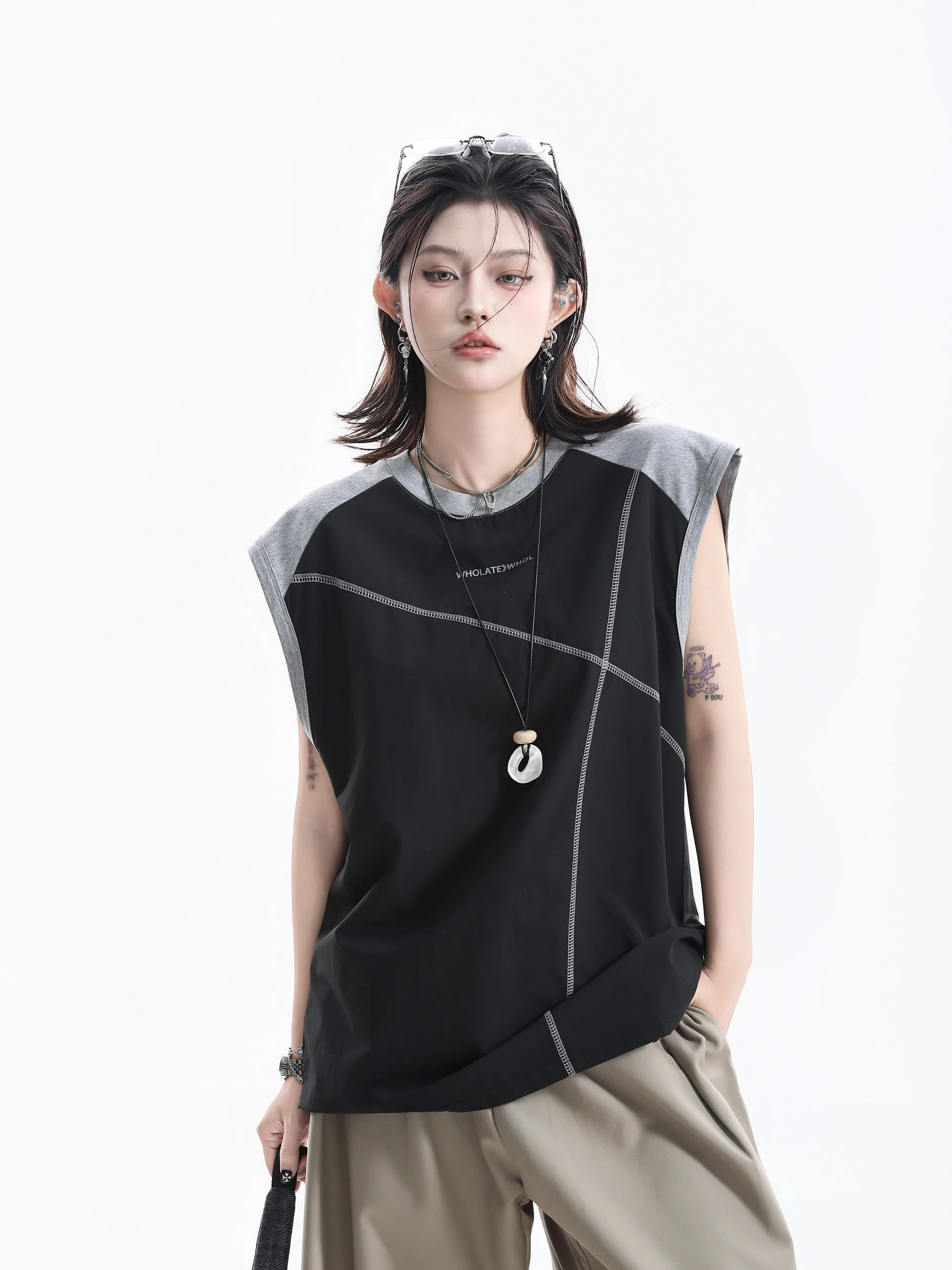 

Unisex Loose Fit Sleeveless T-Shirt Color Block Street Style Outdoor Versatile Neutral Women's Summer Fashion Top
