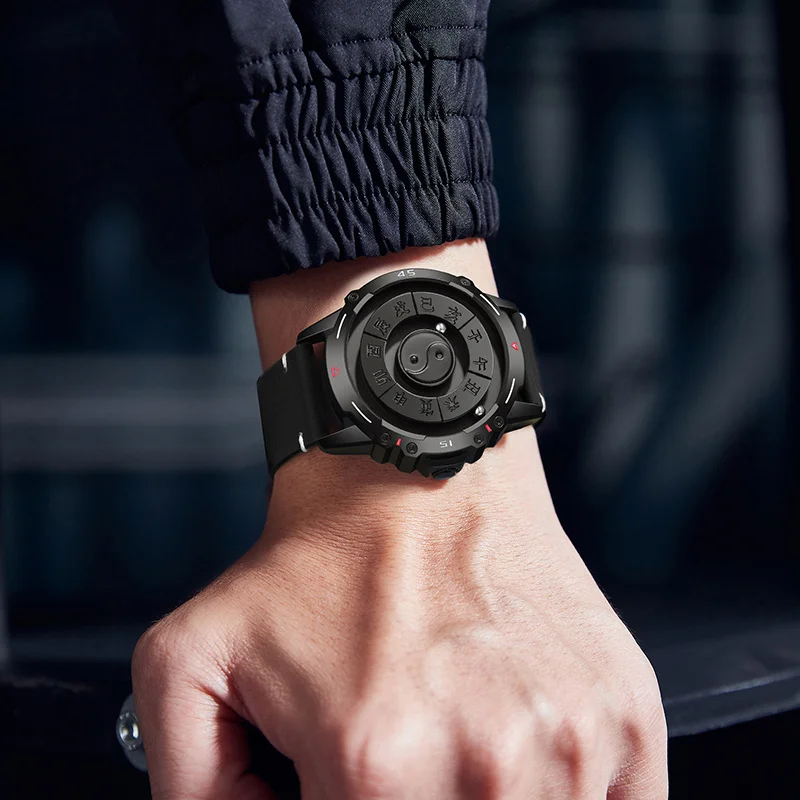 DOM-Reloj de pulsera de cuero negro para hombre, cronógrafo creativo con esfera magnética de Metal, resistente al agua hasta 3ATM, 1737