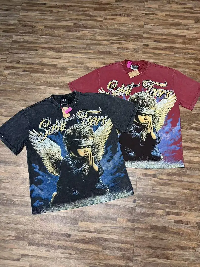 Saint Tears Vintage Washed T-shirt Rhinestone Letter Praying Angel Baby Graphic Print Oversized  Tee Unisex Streetwear Tees