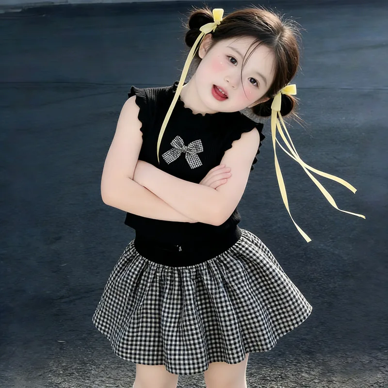 Children's clothing Girls' summer vest T-shirt plaid skirt two-piece set Foreign style fashionable baby set