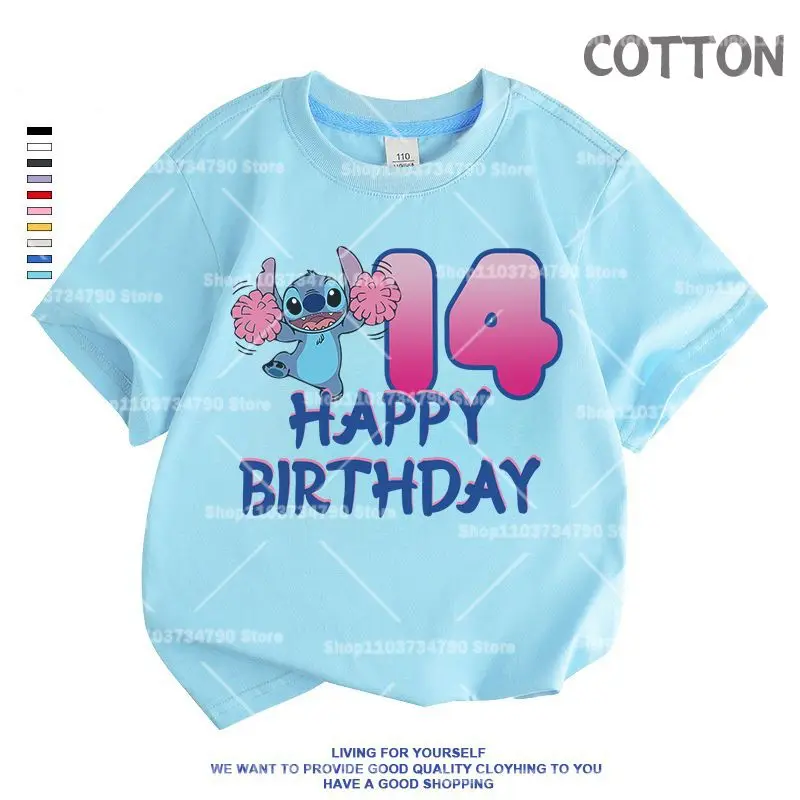 Blue Anime Lilo Stitch Children Birthday Number 1-14 T Shirt Tops Tee Kid Boy Girl lovely Casual Clothes Cartoons Kids T-shirts