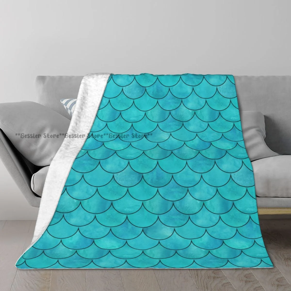 Flannel Blanket Bright Teal Color Mermaid Fish Scale Wave Ultra-Soft Micro Fleece Blanket for Bathrobe Sofa Bed Travel Home