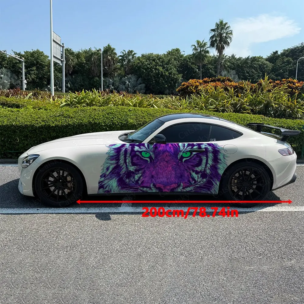 Purple Turquoise Beast Head Car Side Wraps, Self-Adhesive PVC Waterproof & Scratch-Resistant Stickers, Car Accessory Gift