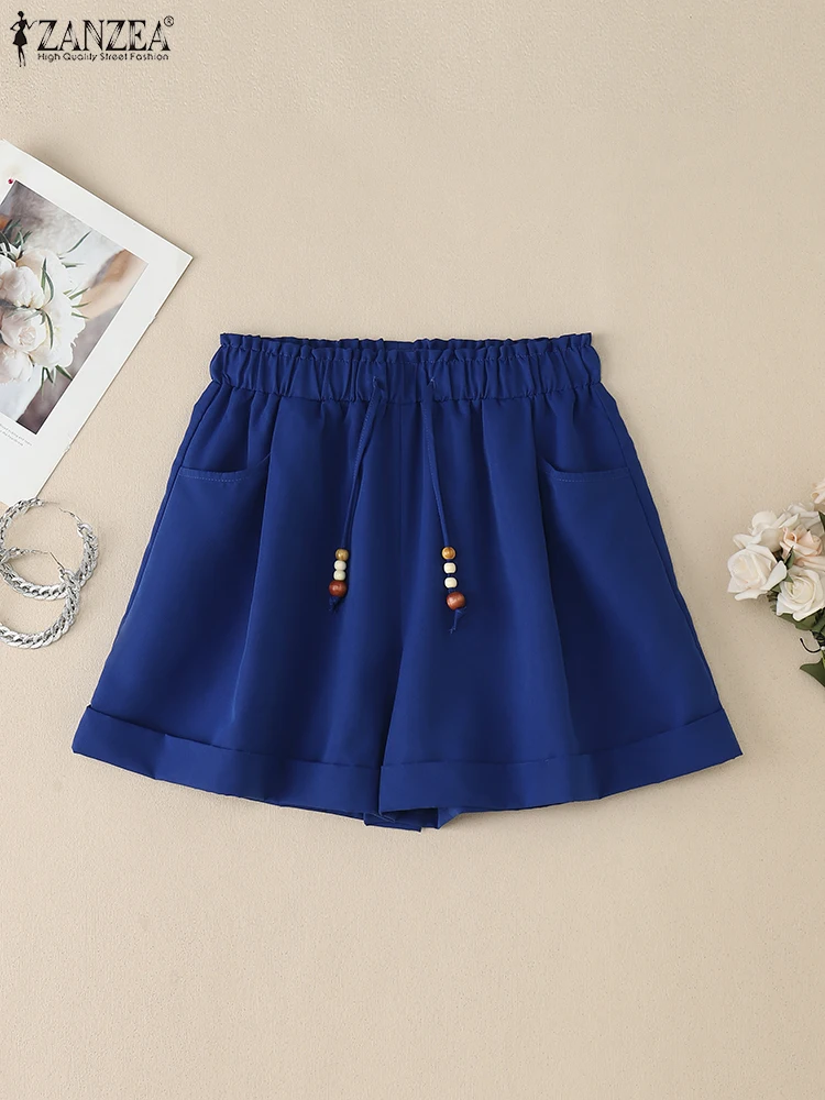 

ZANZEA женские эластичные широкие шорты с высокой талией, свободные шорты с бисером, лето 2029, повседневная одежда, однотонные короткие брюки трапециевидной формы