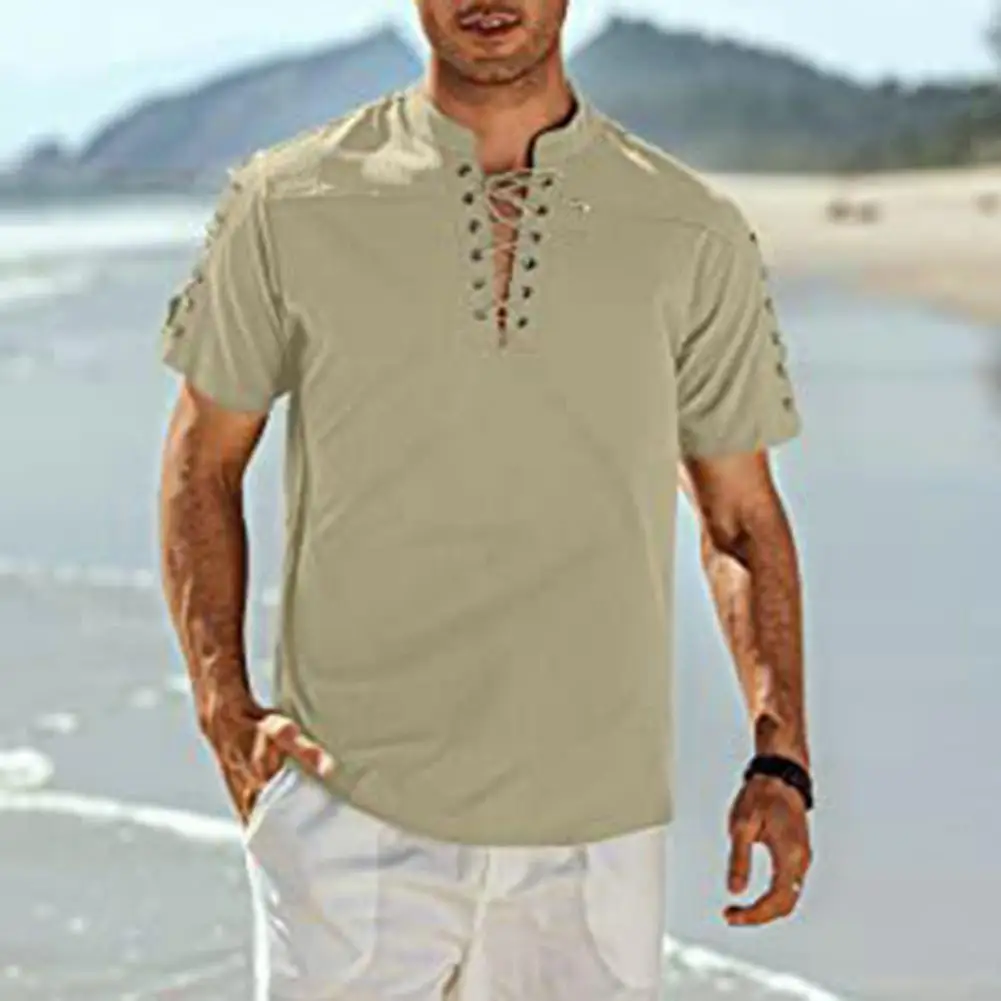 

Men Summer T-shirt V Neck Stand Collar Lace Up Multi Strap Slim Match Pants Pullover Mid Length Beachwear Men Top Men Clothes