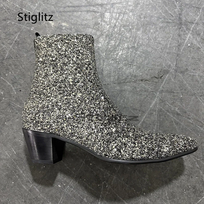 Sequined High Heels Chelsea Boots for Men Bling Bling Luxury Pointed Toe Side Zip 6Cm Cowhide Ankle Boots Party Wedding Shoes
