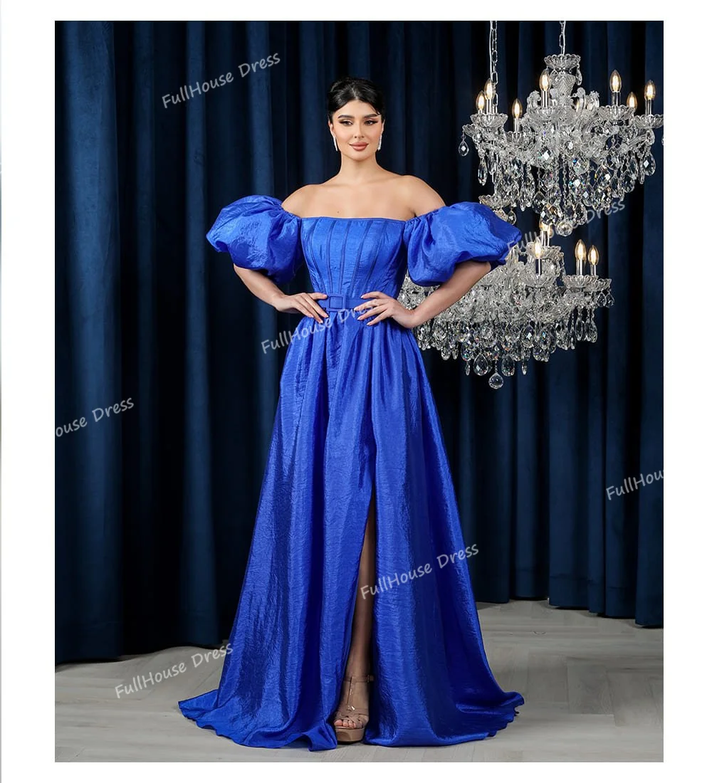 Custom Made Bridal Boat Collar Pleated A-line Side Slit Belt Evening Dress Short Puff Sleeve Backless Party Dress with Train