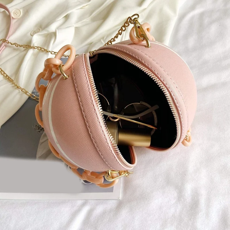 NEW-Women Basketball Shaped Cross Body Messenger Bag Purse Tote Mini Shoulder PU Leather Round Handbag For Girls